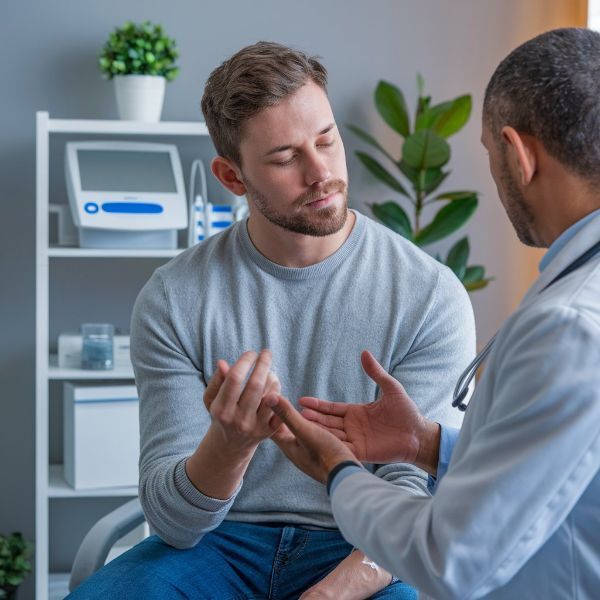 Man talking to Doc about hand rehab with ReGrasp OPCA Parker ReGrasp Hand Neurohabilitation System - ReGrasp Glove Cover