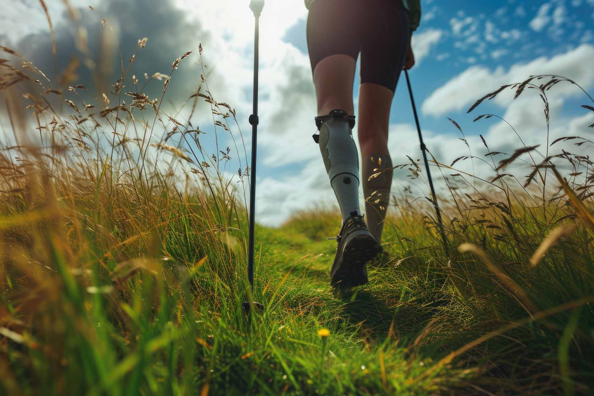 OPCA Parker Orthotic Prosthetic Care – Prosthetic Leg walking through forest Patient walking confidently with a prosthetic leg on a forest trail